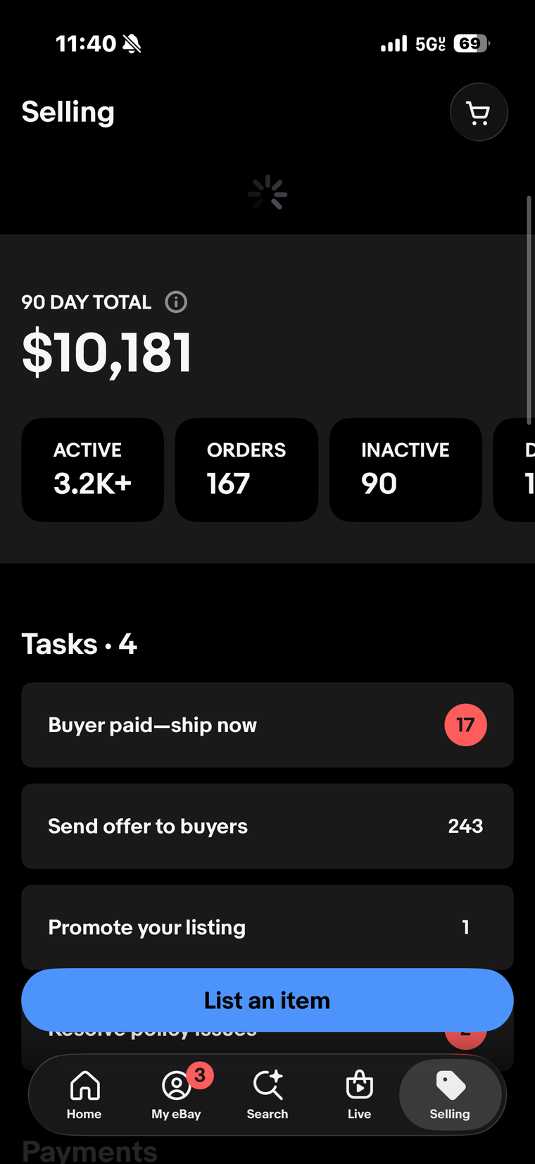 A live eBay Seller Hub dashboard running on Meridian (2)