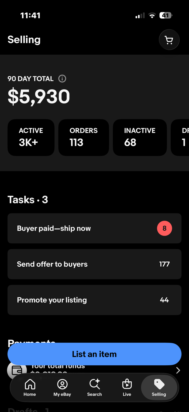 A live eBay Seller Hub dashboard running on Meridian (3)