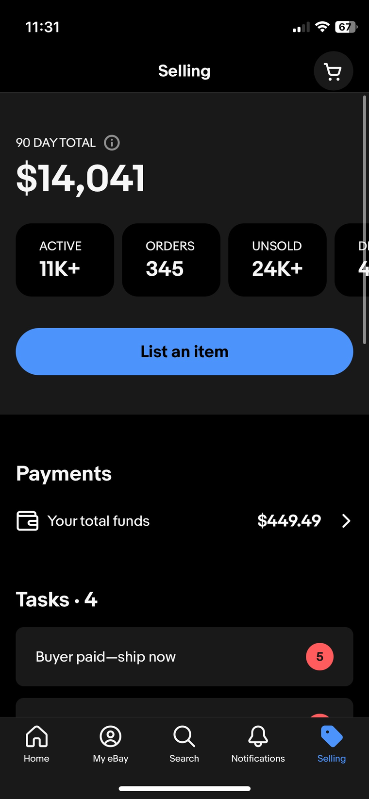 A live eBay Seller Hub dashboard running on Meridian (4)